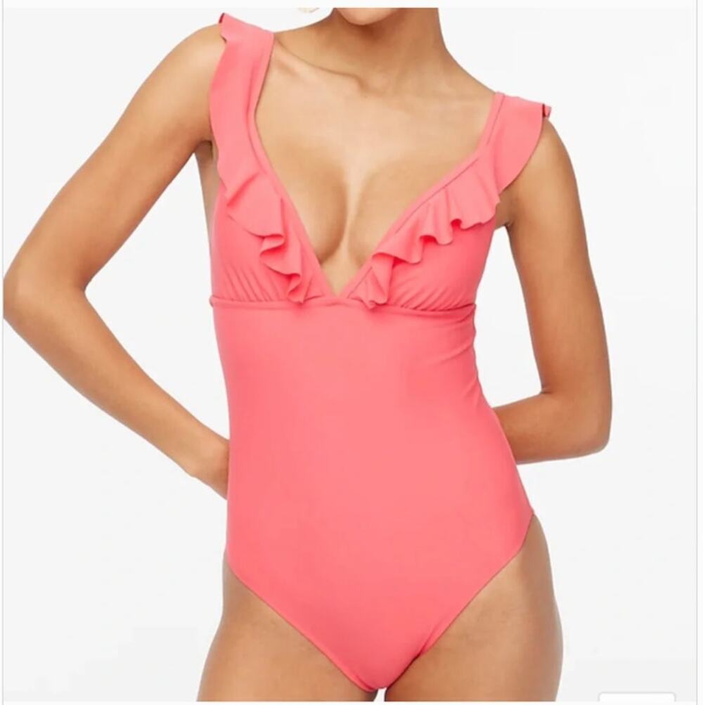 J. Crew Ruffle Deep V-Neck One Piece Swimsuit Pink Women's Large